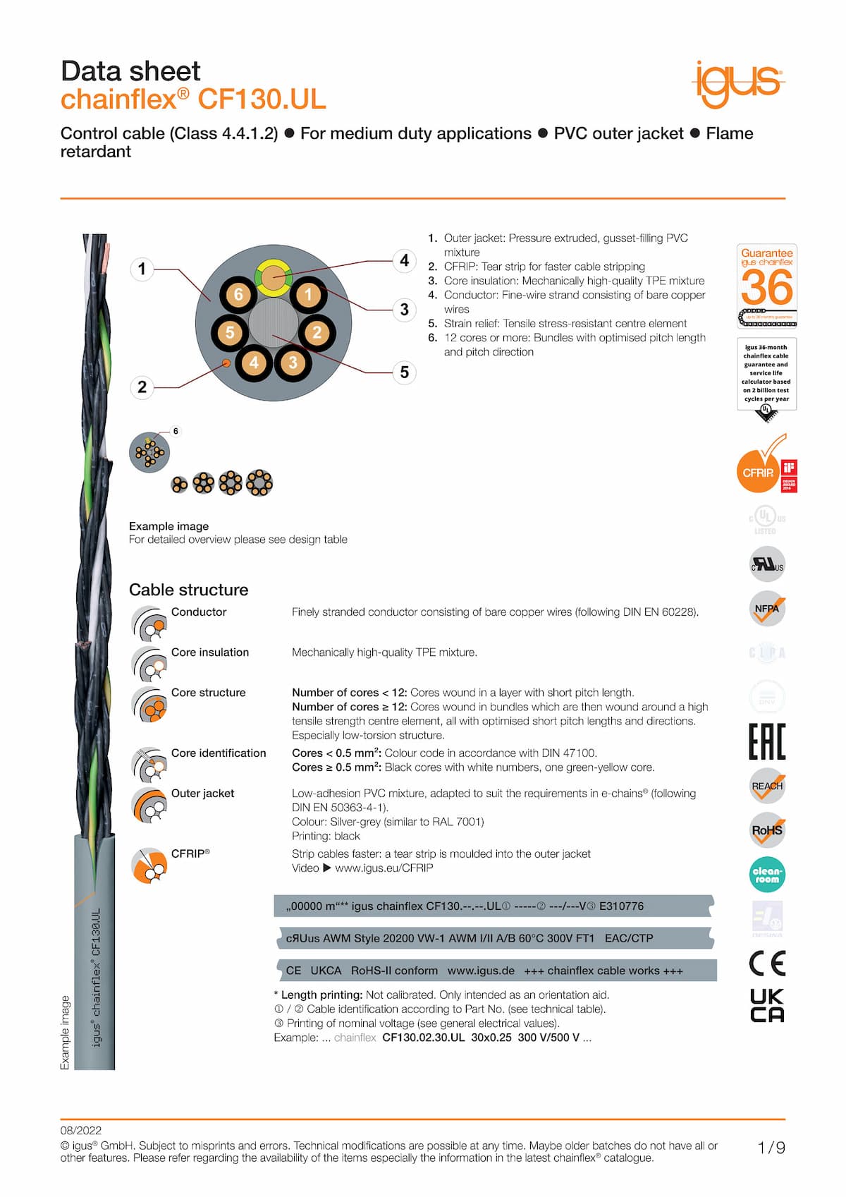 Technical data sheet chainflex® control cable CF130.UL