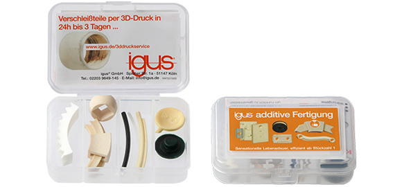 3D printing service provider sample box for wear-resistant parts made of iglidur